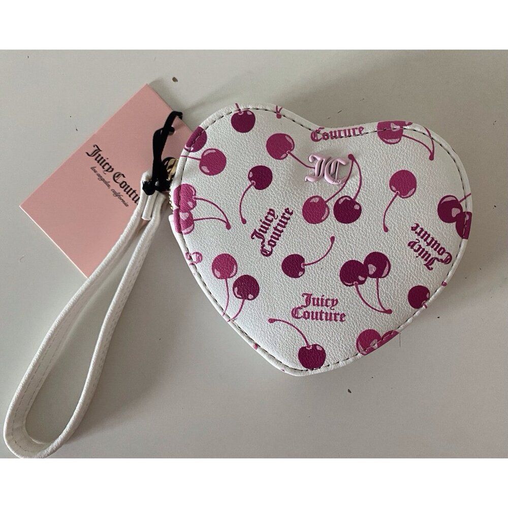 Juicy Couture White Multi Cherry On Top Heart Zip Around Wristlet Wallet NEW